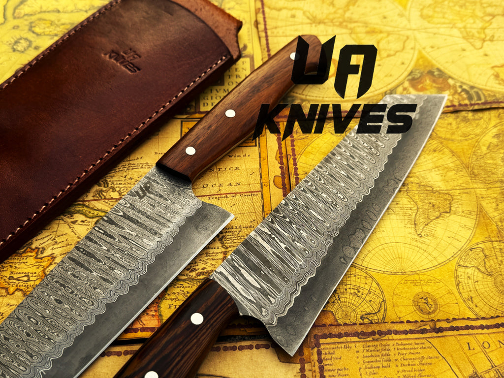 UA Knives Prisma Sanmai Damascus steel Japanese Santoku chef knife with ergonomic rosewood handle.