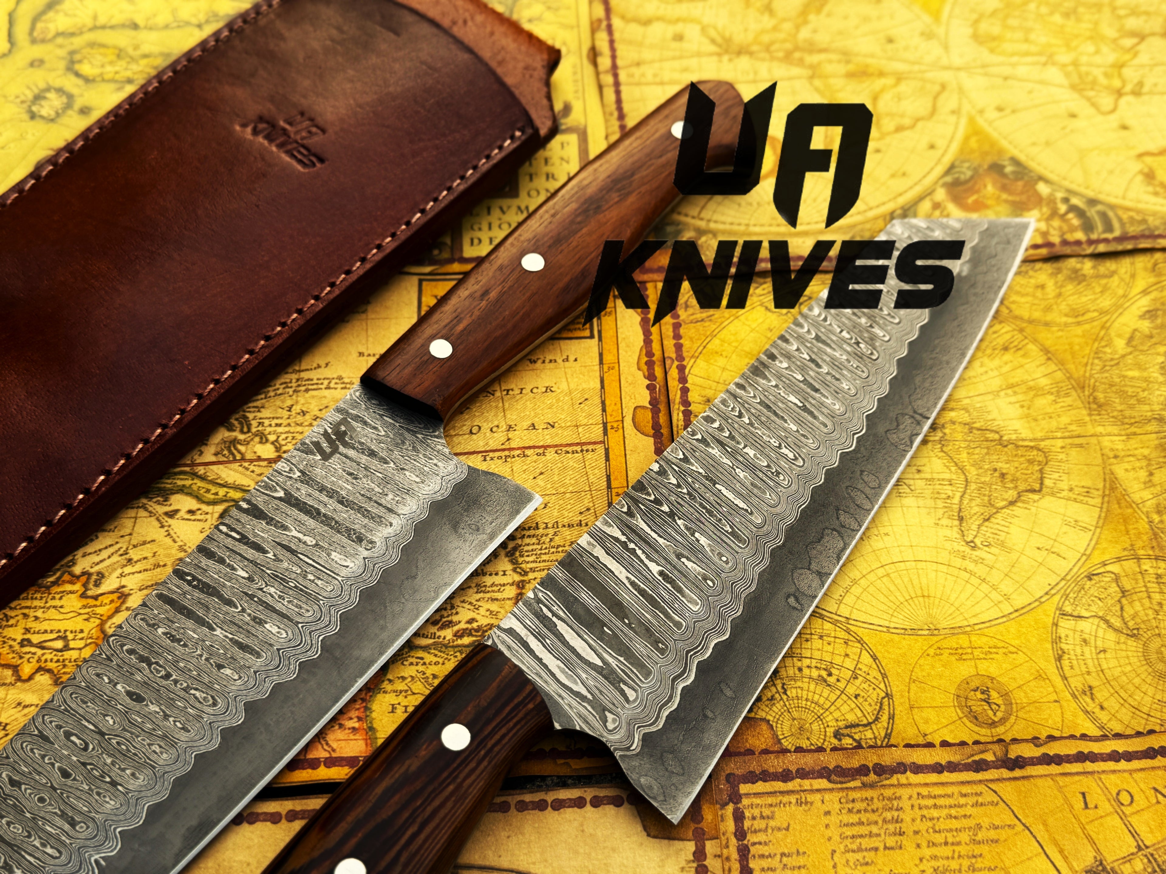 UA Knives Prisma Sanmai Damascus steel Japanese Santoku chef knife with ergonomic rosewood handle.