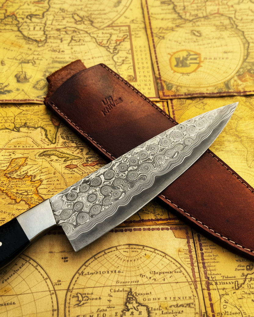 Hand forged Damascus steel chef knife by UA Knives with full tang construction and sheath, lightweight and professional.