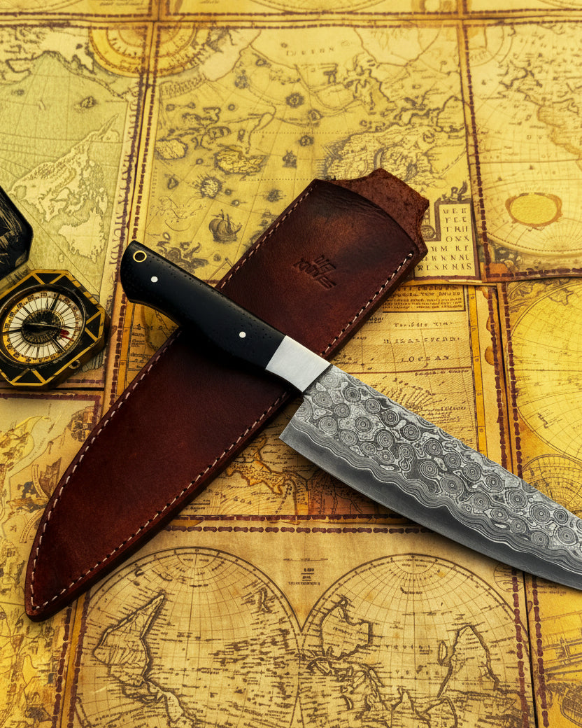 UA Knives hand-forged Damascus steel chef knife with full tang and sheath, lightweight and professional for precise kitchen cutting.