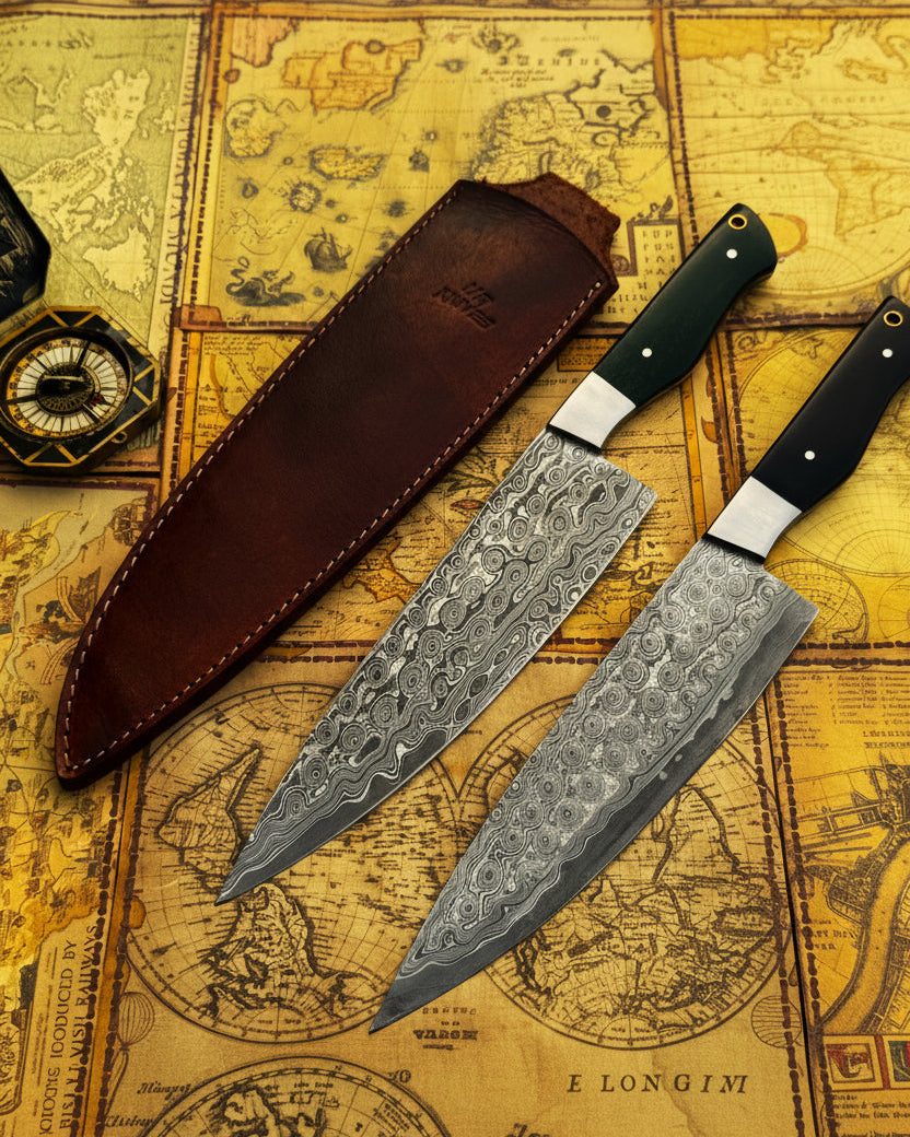 UA Knives hand-forged Damascus steel chef knife with full tang, lightweight design, and protective sheath, ideal for professional kitchens.