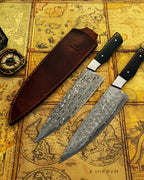 UA Knives hand-forged Damascus steel chef knife with full tang, lightweight design, and protective sheath, ideal for professional kitchens.