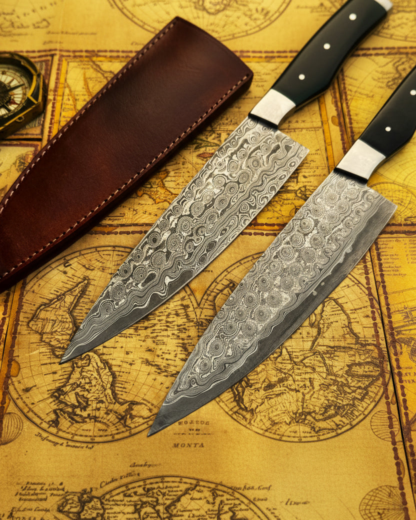UA Knives hand-forged Damascus steel chef knife with full tang and sheath, lightweight professional kitchen cutlery.
