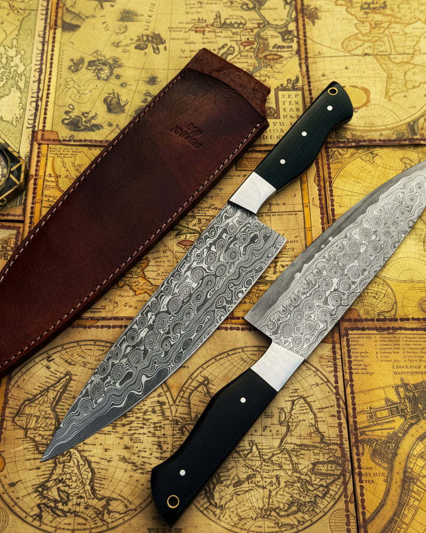 UA Knives Damascus Steel chef knife with full tang, lightweight design, and sheath, ideal for professional kitchen use.
