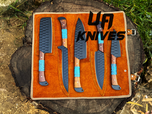 UA Nile Forge - Hand Forged Carbon Steel 5 Pcs Premium Kitchen Chef Set with Leather Carry Bag