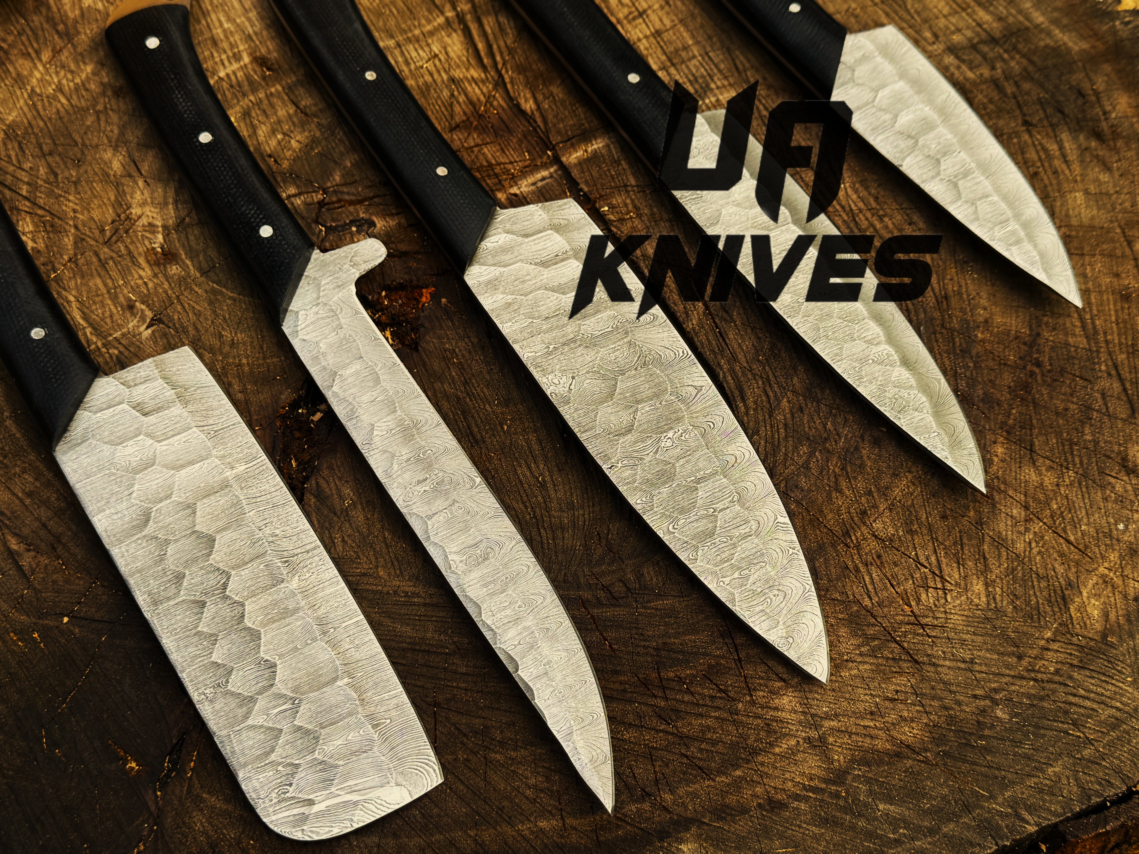 UA Midnight Forge - Handmade Damascus Steel Full Tang 5 pcs BBQ Chef Set with Genuine Leather Bag - UA Knives