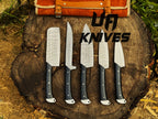UA Knives Midnight Forge Damascus Steel BBQ chef set with five knives and genuine leather carrying bag, full tang handmade craftsmanship.