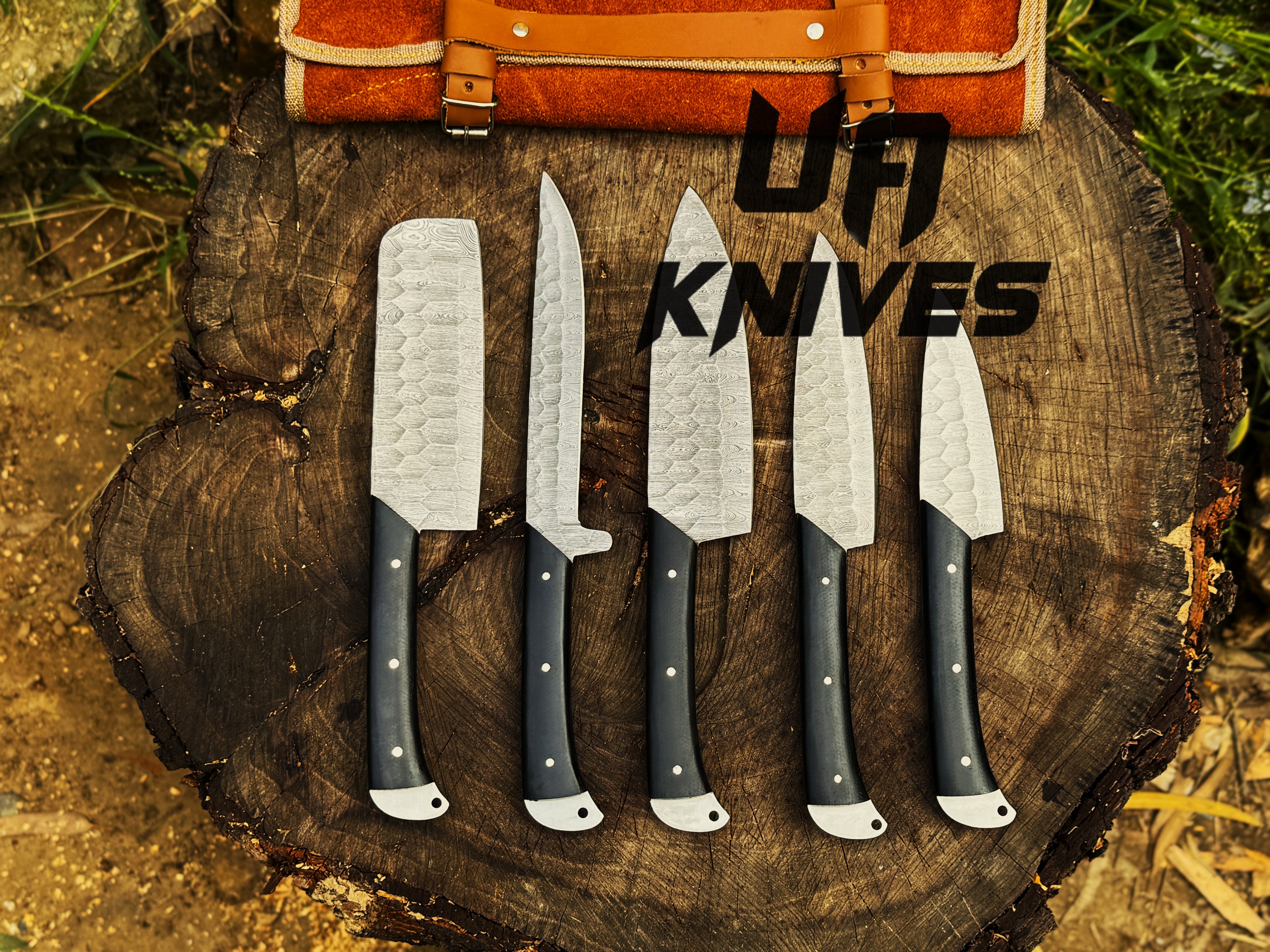 UA Knives Midnight Forge Damascus Steel BBQ chef set with five knives and genuine leather carrying bag, full tang handmade craftsmanship.