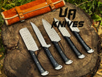 UA Knives Midnight Forge handmade Damascus steel 5-piece BBQ chef set with genuine leather storage bag in image IMG_1948.