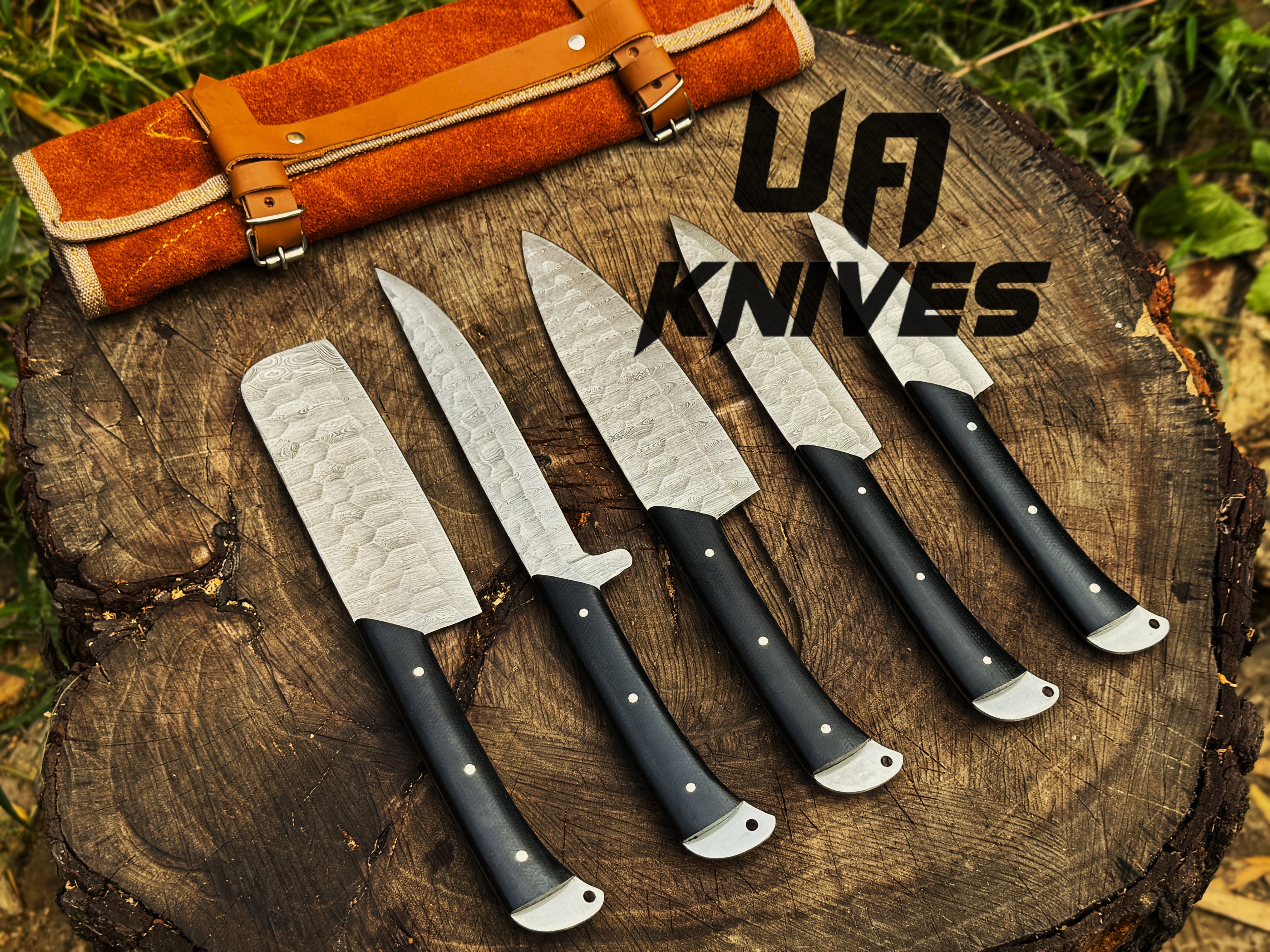 UA Knives Midnight Forge handmade Damascus steel 5-piece BBQ chef set with genuine leather storage bag in image IMG_1948.