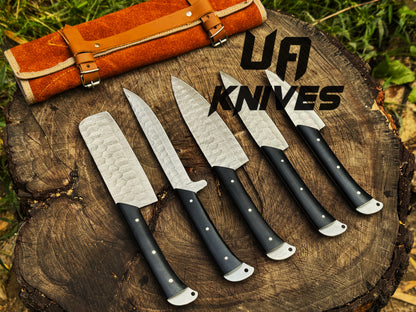 UA Midnight Forge - Handmade Damascus Steel Full Tang 5 pcs BBQ Chef Set with Genuine Leather Bag