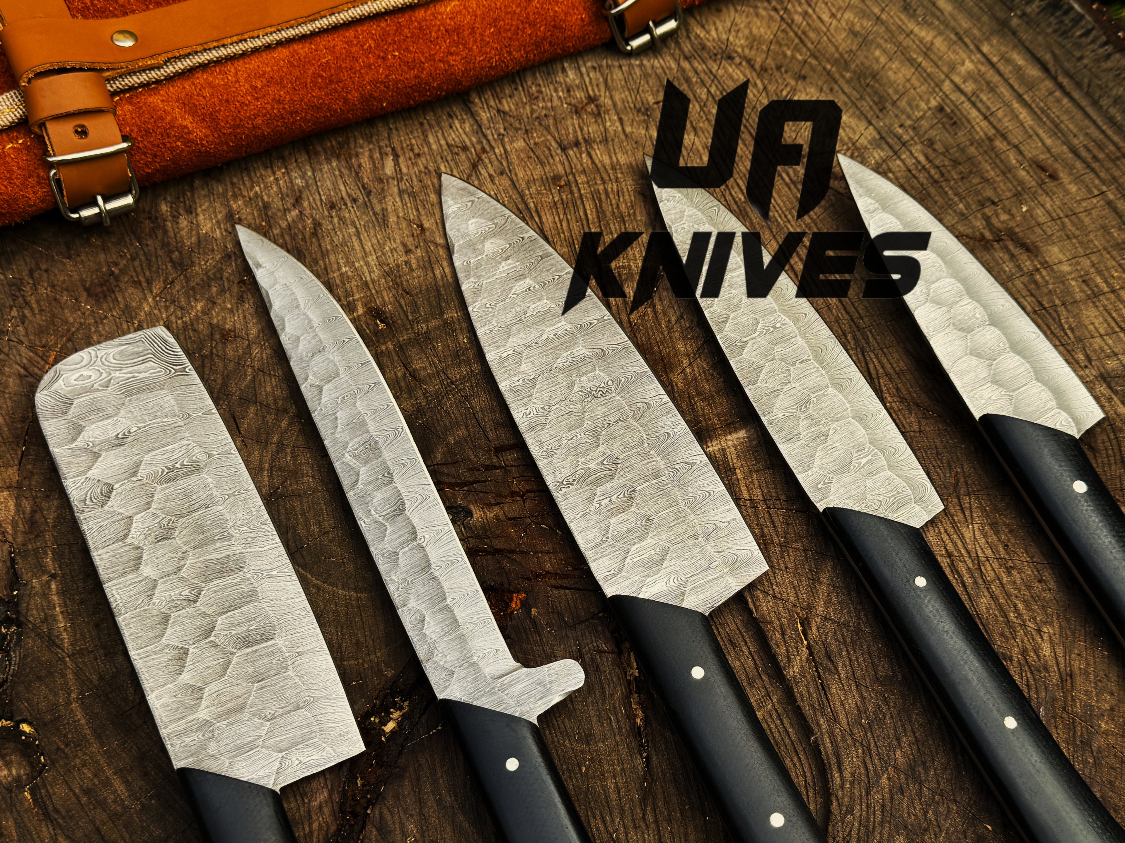 UA Knives Midnight Forge Damascus Steel full tang 5-piece BBQ chef set with genuine leather bag, featuring sharp blades and sturdy handles.