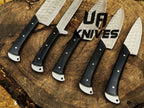 UA Knives Midnight Forge handmade Damascus steel chef set with five knives in a genuine leather bag, full tang design for BBQ cooking.