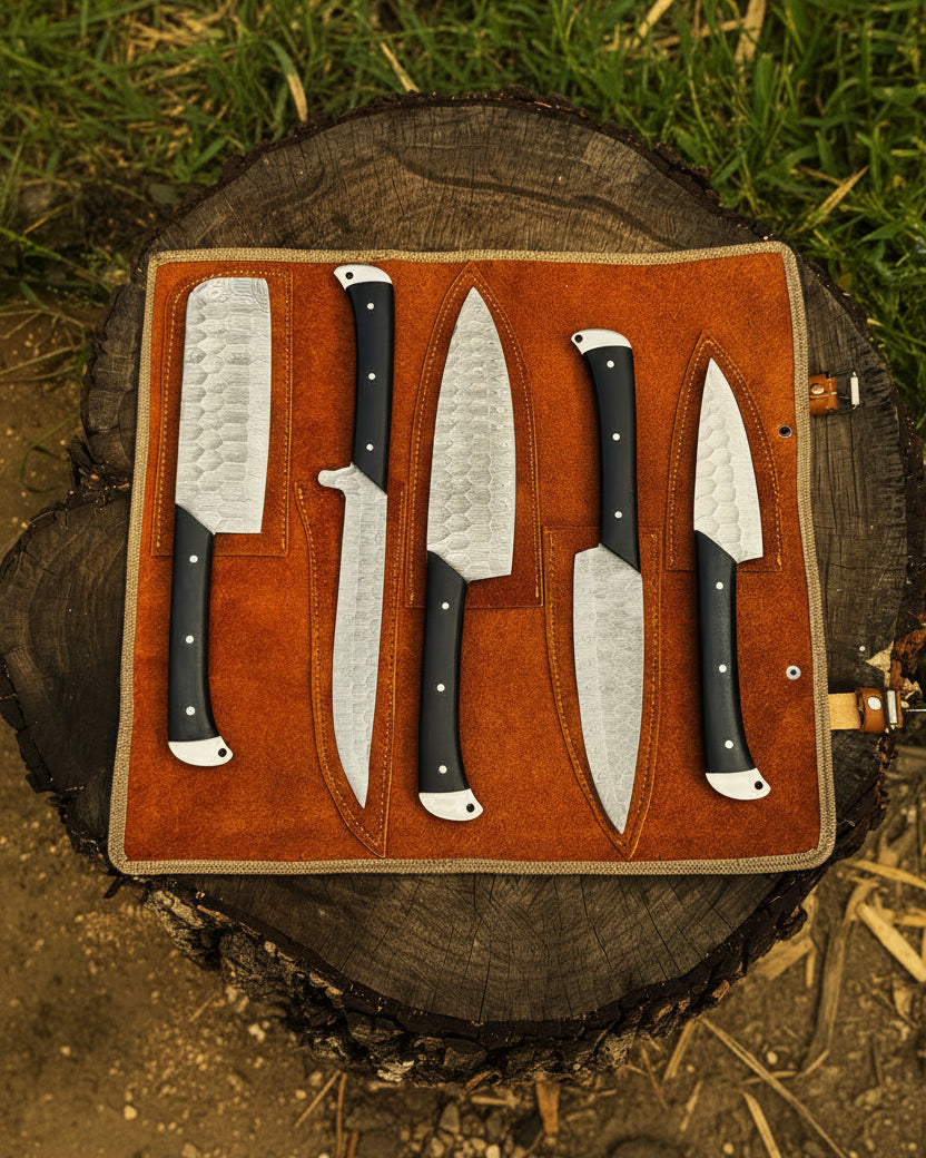 Handmade Damascus fixed blade knife set with leather sheath stainless steel knives