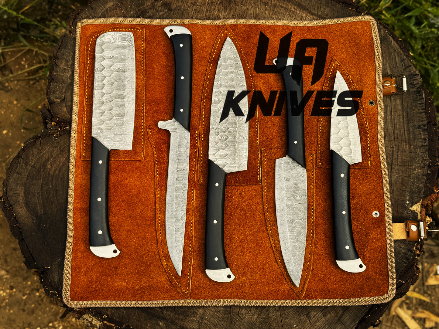 UA Midnight Forge - Handmade Damascus Steel Full Tang 5 pcs BBQ Chef Set with Genuine Leather Bag