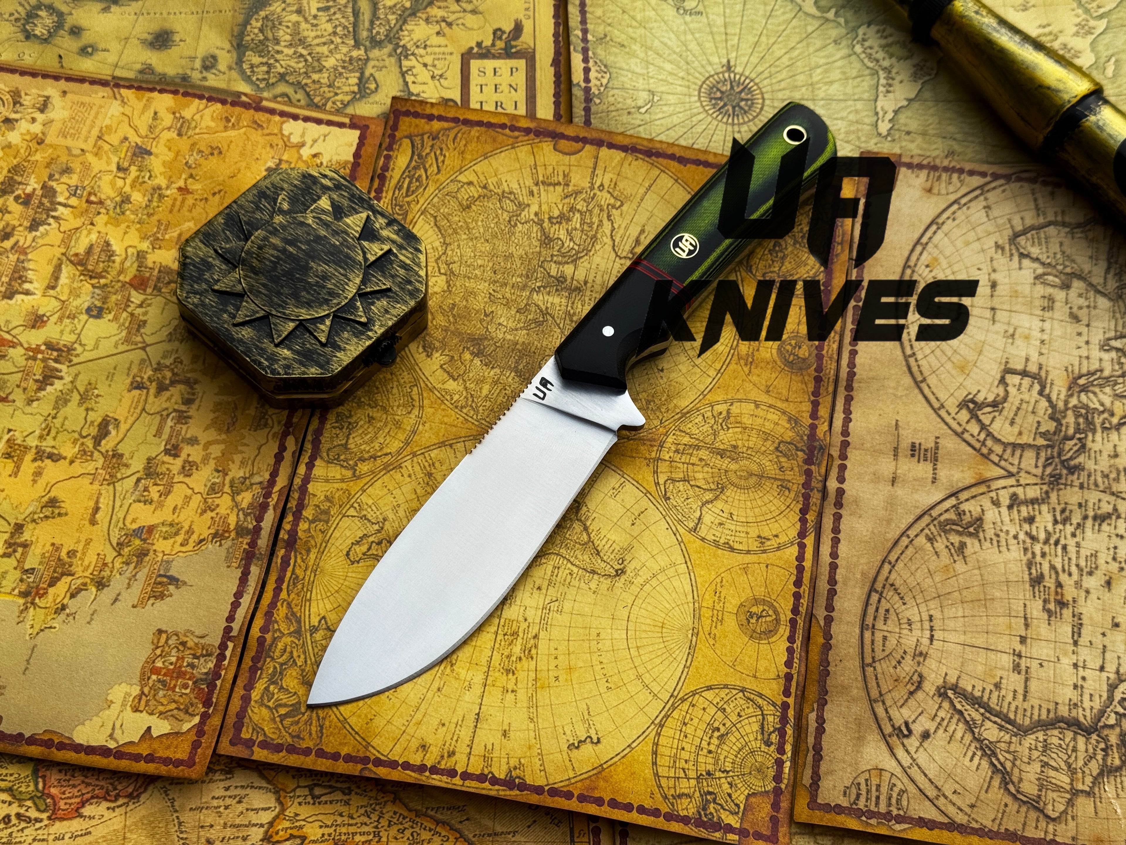 UA Forest Ranger camping knife with hand-forged 11-inch blade and G10 Micarta handle, designed for outdoor hunting and camping use