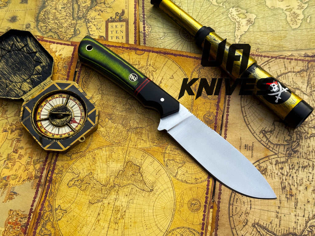 UA Forest Ranger camping knife with hand-forged blade and G10 Micarta handle, ideal for hunting and outdoor survival.