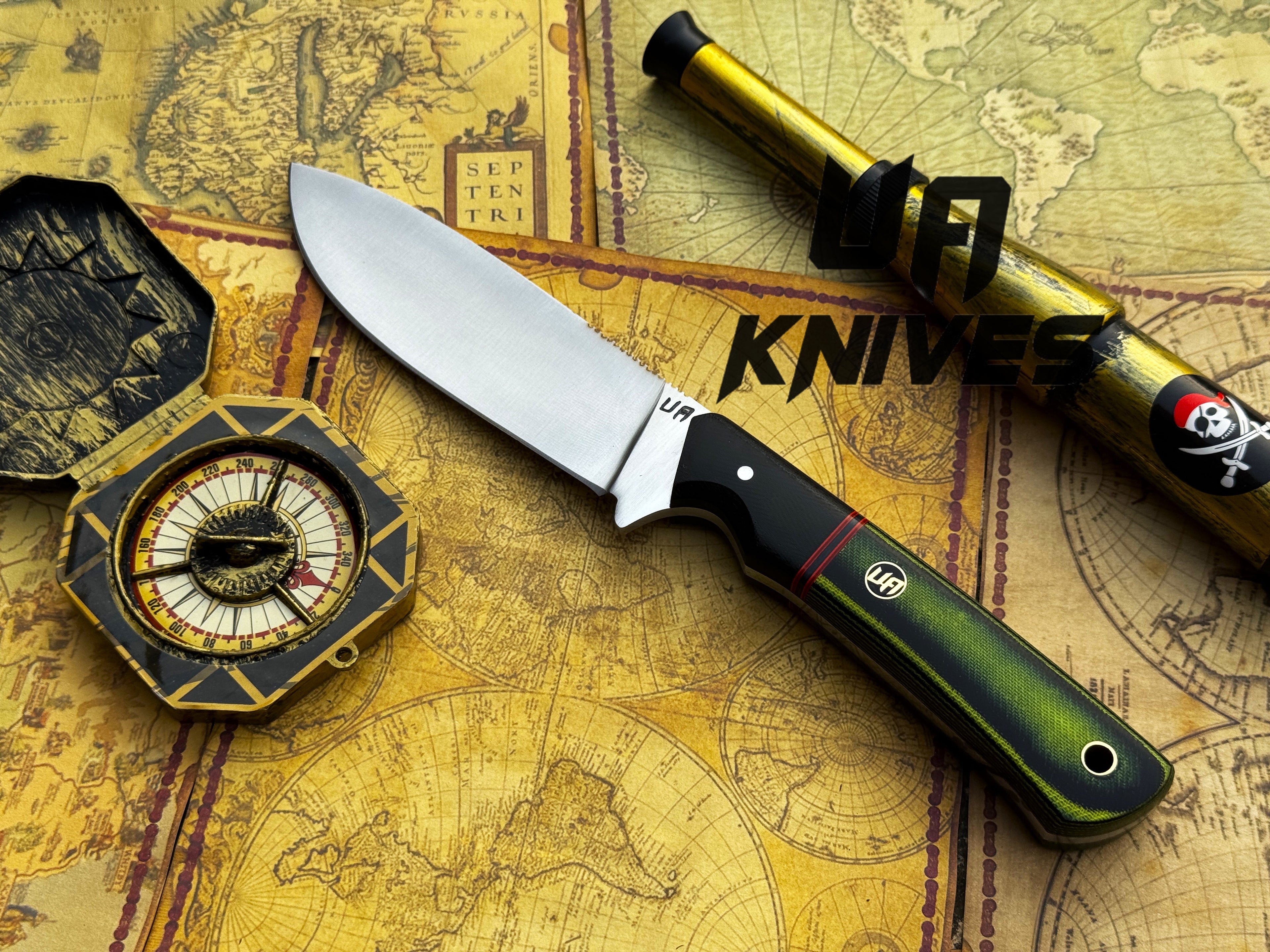 UA Knives Forest Ranger camping knife with hand-forged 11-inch blade and G10 Micarta handle, designed for hunting and outdoor use.