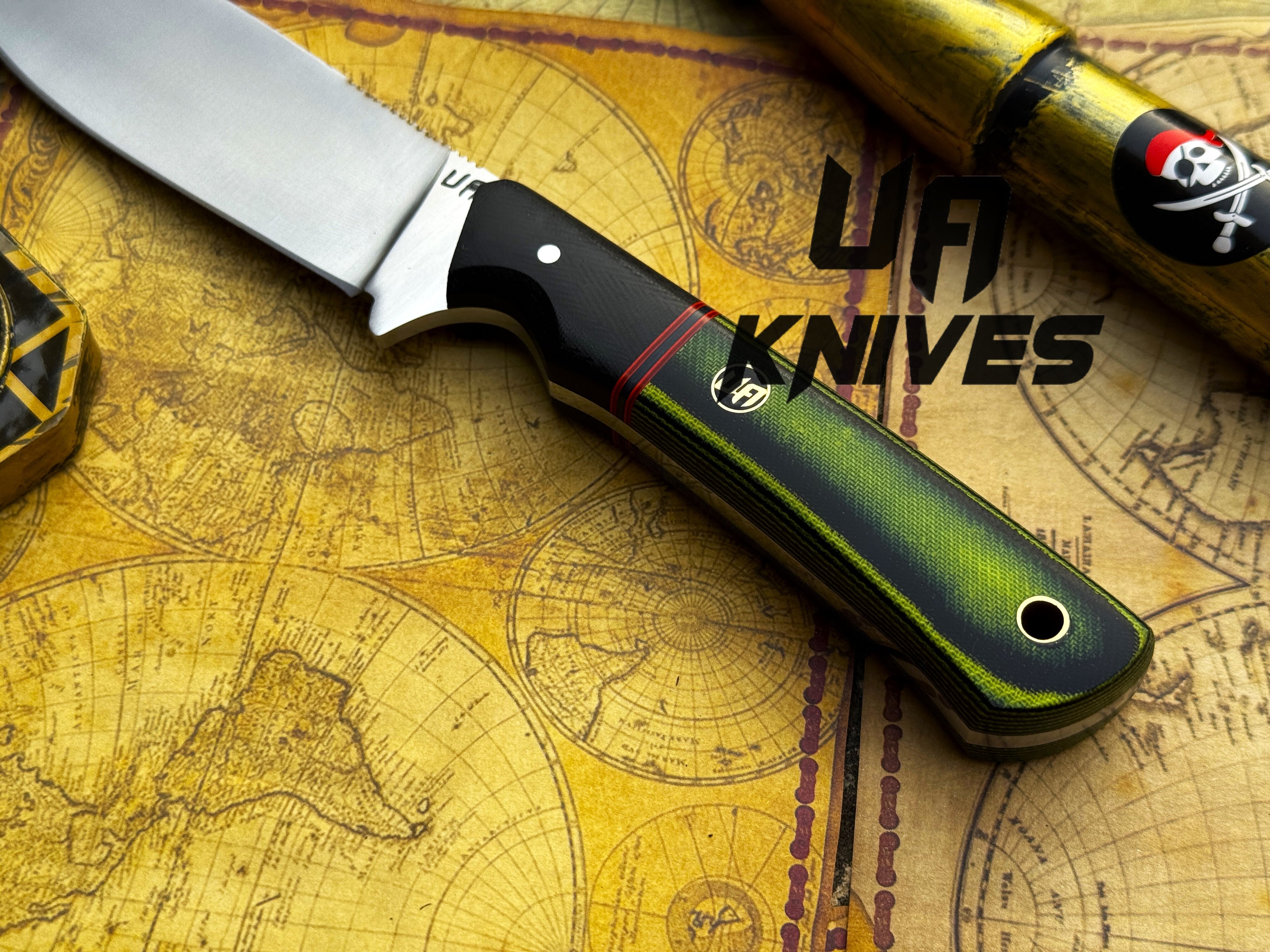 UA Forest Ranger camping knife with hand-forged 11-inch blade and G10 Micarta handle, designed for hunting and outdoor use.