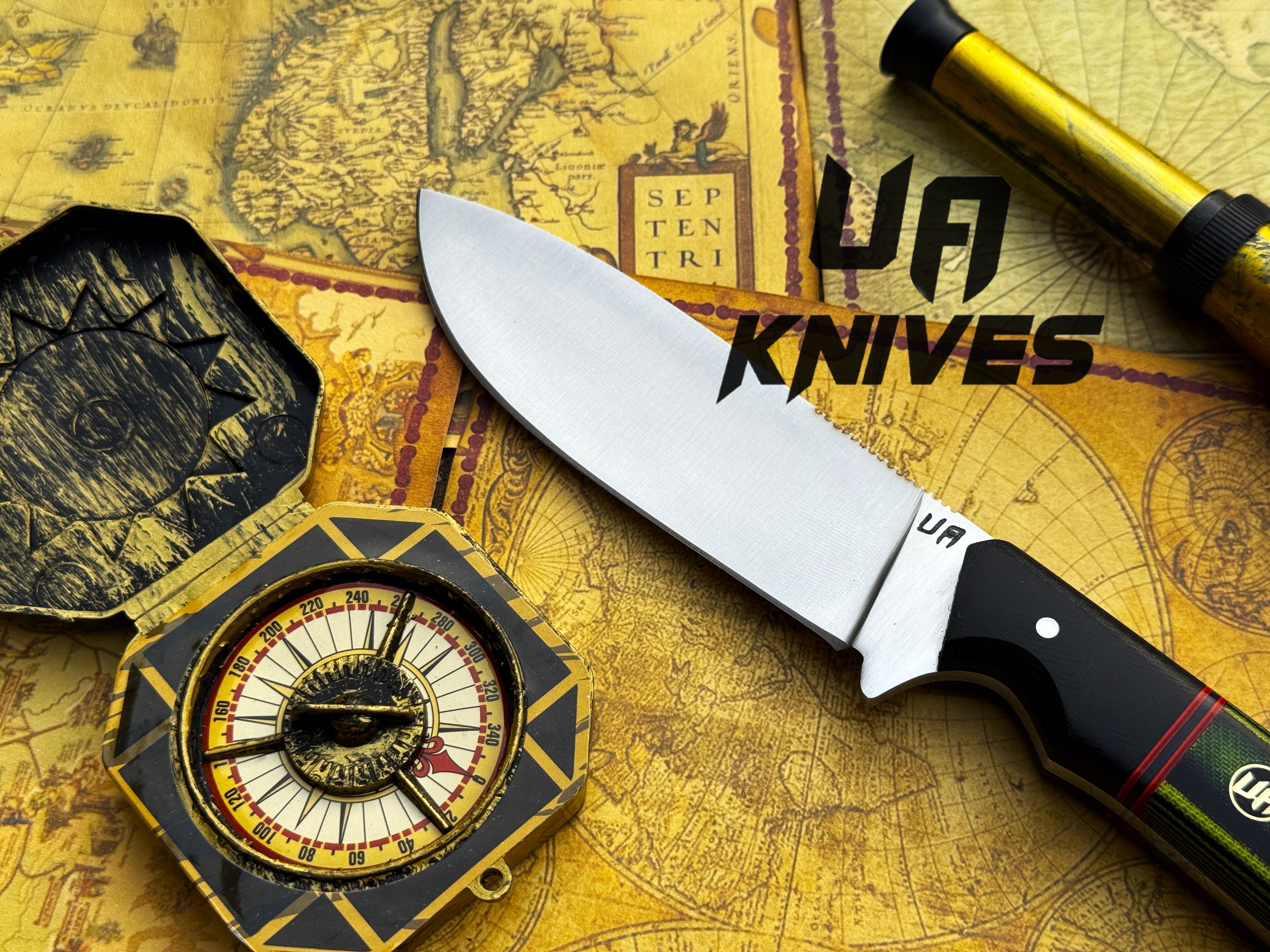 UA Forest Ranger camping knife with hand-forged 11-inch blade and G10 Micarta handle, ideal for hunting and outdoor use.