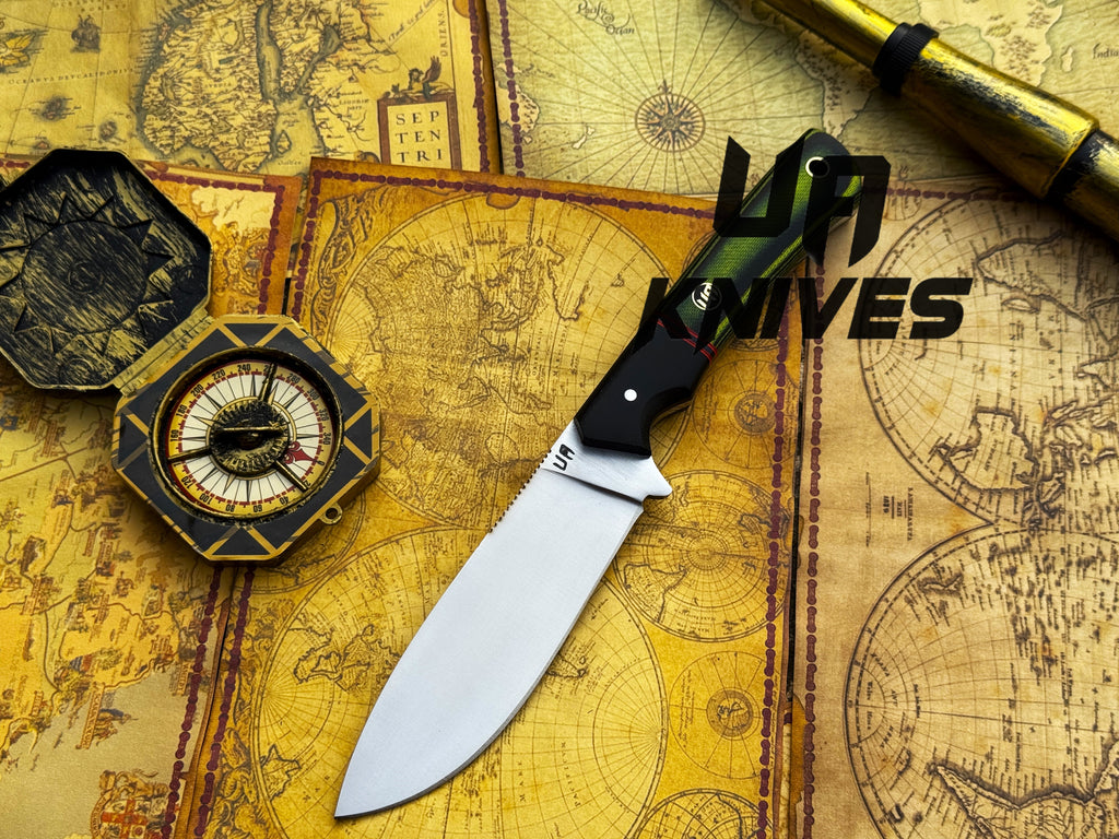 UA Knives Forest Ranger camping knife with hand-forged 11-inch blade and G10 Micarta handle, suitable for hunting and outdoor use.
