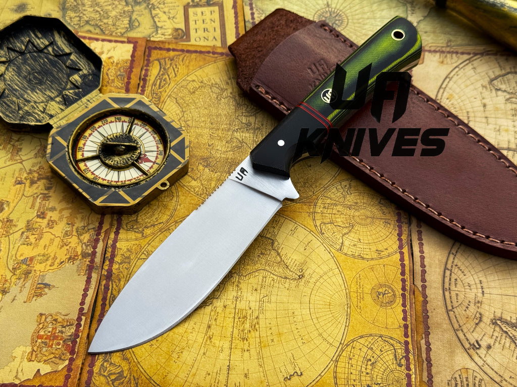 UA Forest Ranger camping knife with hand-forged 11-inch blade and G10 Micarta handle, ideal for hunting and outdoor use.