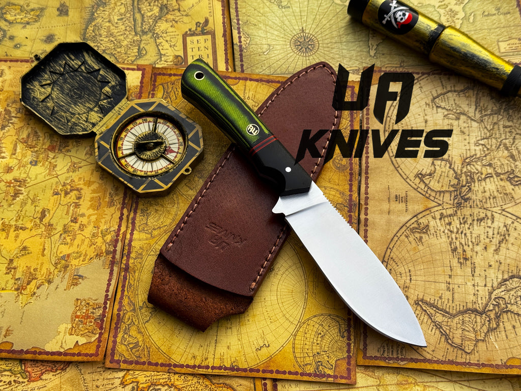 UA Forest Ranger camping knife with hand-forged 11-inch blade and G10 Micarta handle, ideal for hunting and outdoor use.