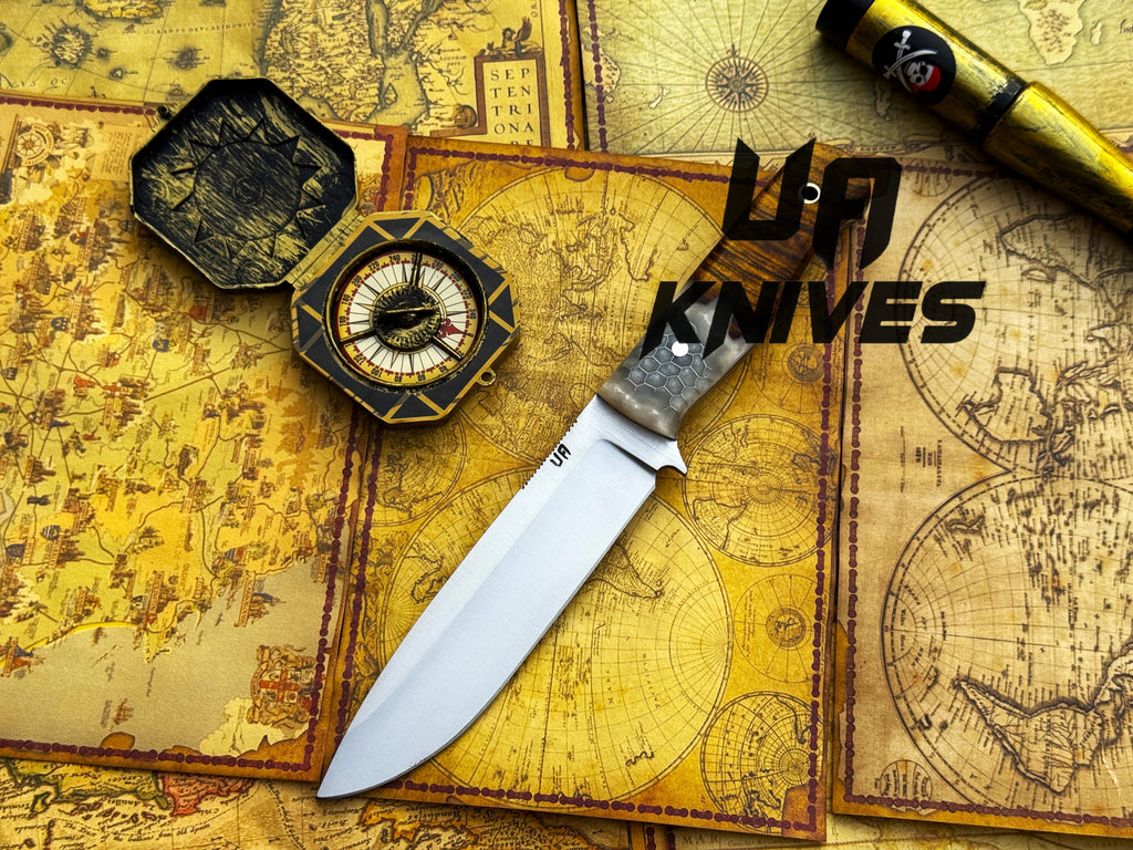 UA Knives Camp Quest handmade 12-inch camping and hunting knife with sheath, featuring a sturdy blade and leather handle.