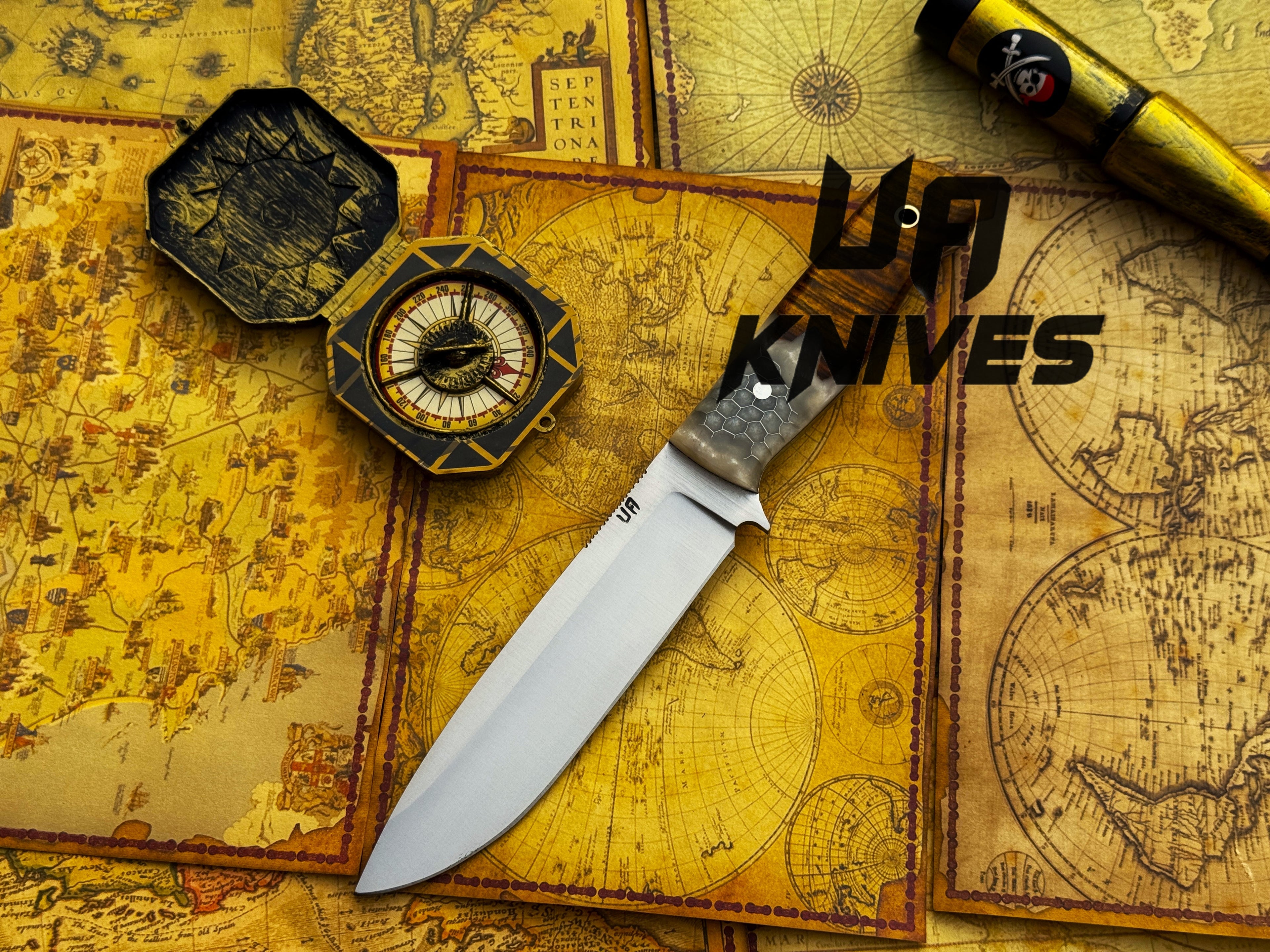 UA Knives Camp Quest handmade 12-inch camping hunting knife with sheath, featuring a sharp blade and sturdy handle.