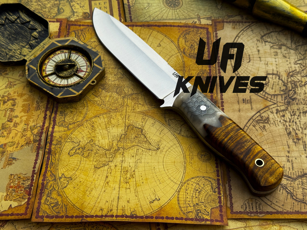 UA Knives Camp Quest handmade 12-inch camping and hunting knife with sheath, featuring a wooden handle and stainless steel blade.