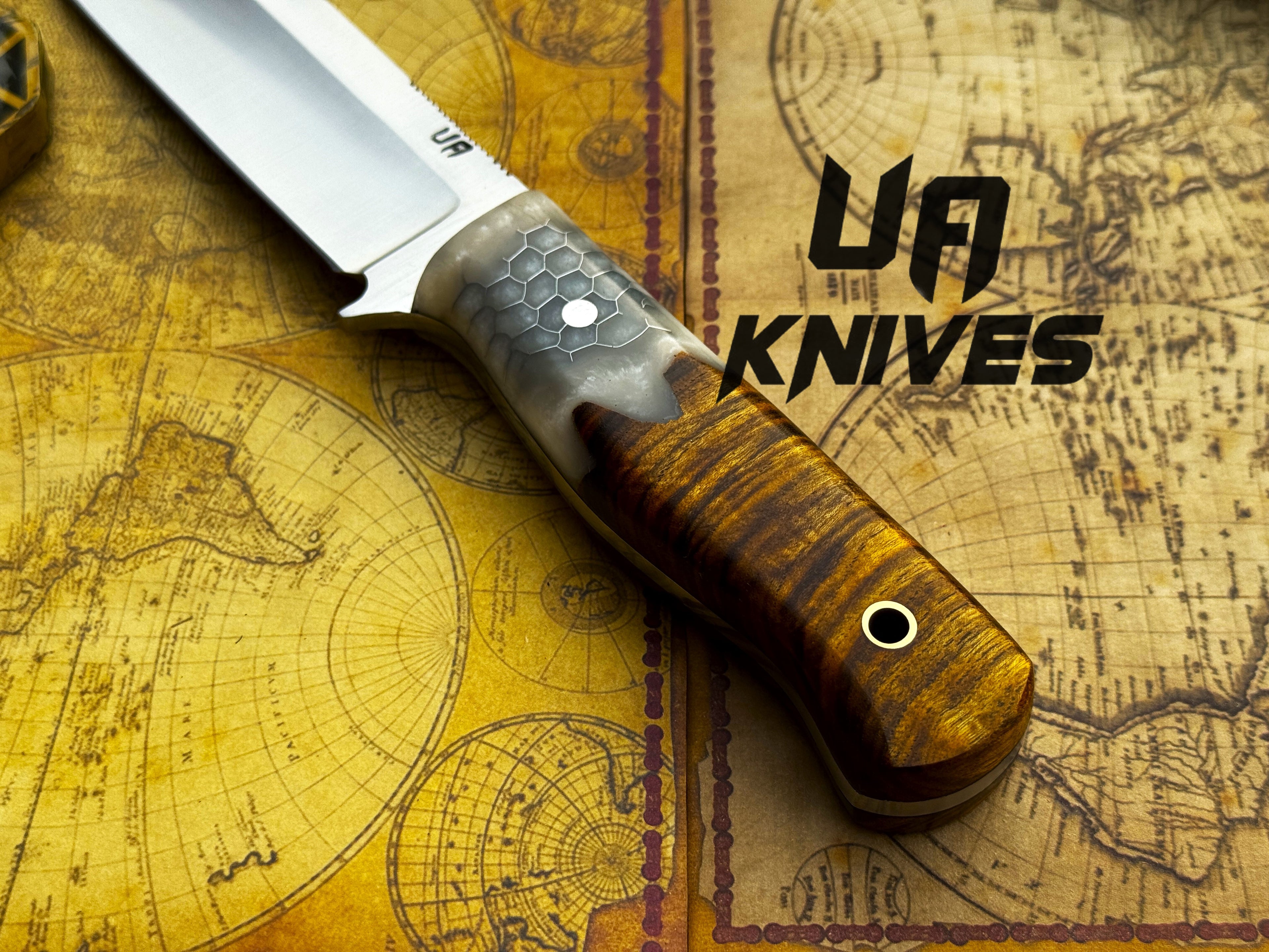 UA Knives Camp Quest handmade 12-inch camping hunting knife with sheath, featuring a sturdy blade and durable handle.