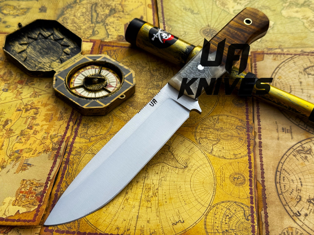 UA Knives Camp Quest handmade 12-inch camping hunting knife with sheath, featuring a sturdy blade and leather handle.