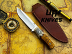UA Knives Camp Quest handmade 12-inch camping and hunting knife with sheath, featuring a metal blade and wooden handle.