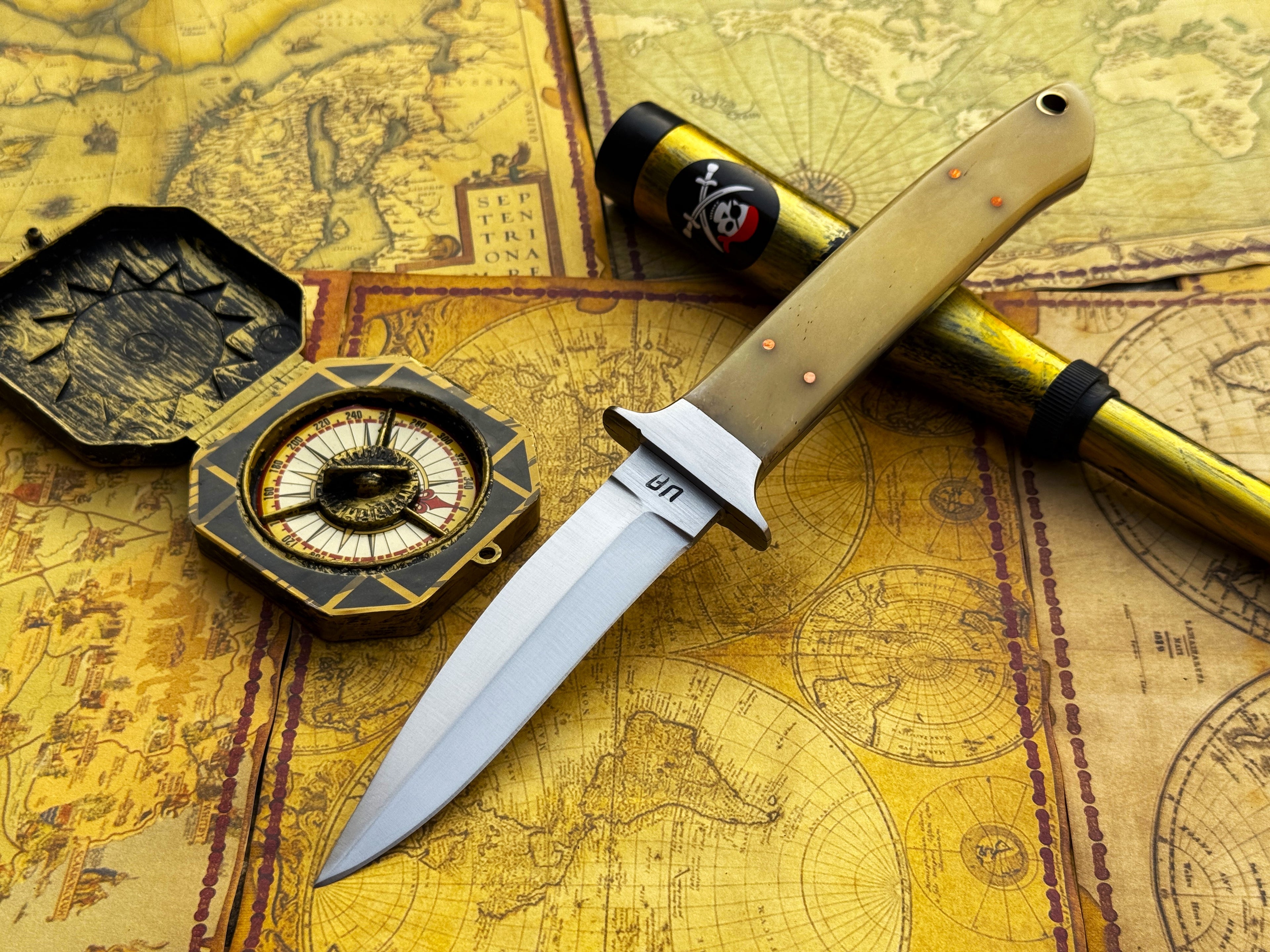 UA Iron Fang stainless steel camping knife with a textured handle and sharp blade, ideal for outdoor camping and survival tasks.