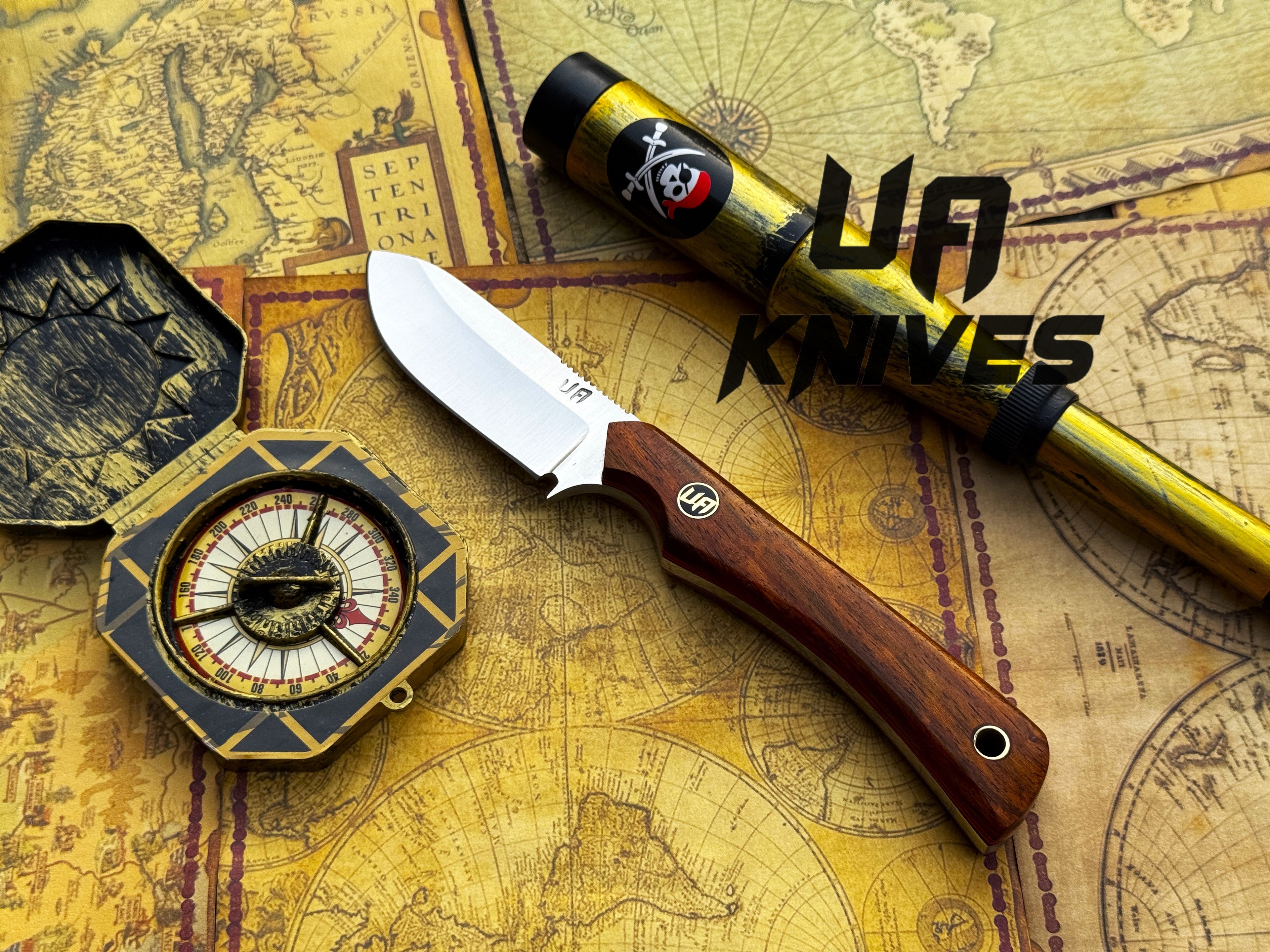 UA Cobra Strike camping knife by UA Knives with a sheath, lightweight and handmade for outdoor camping and survival use.