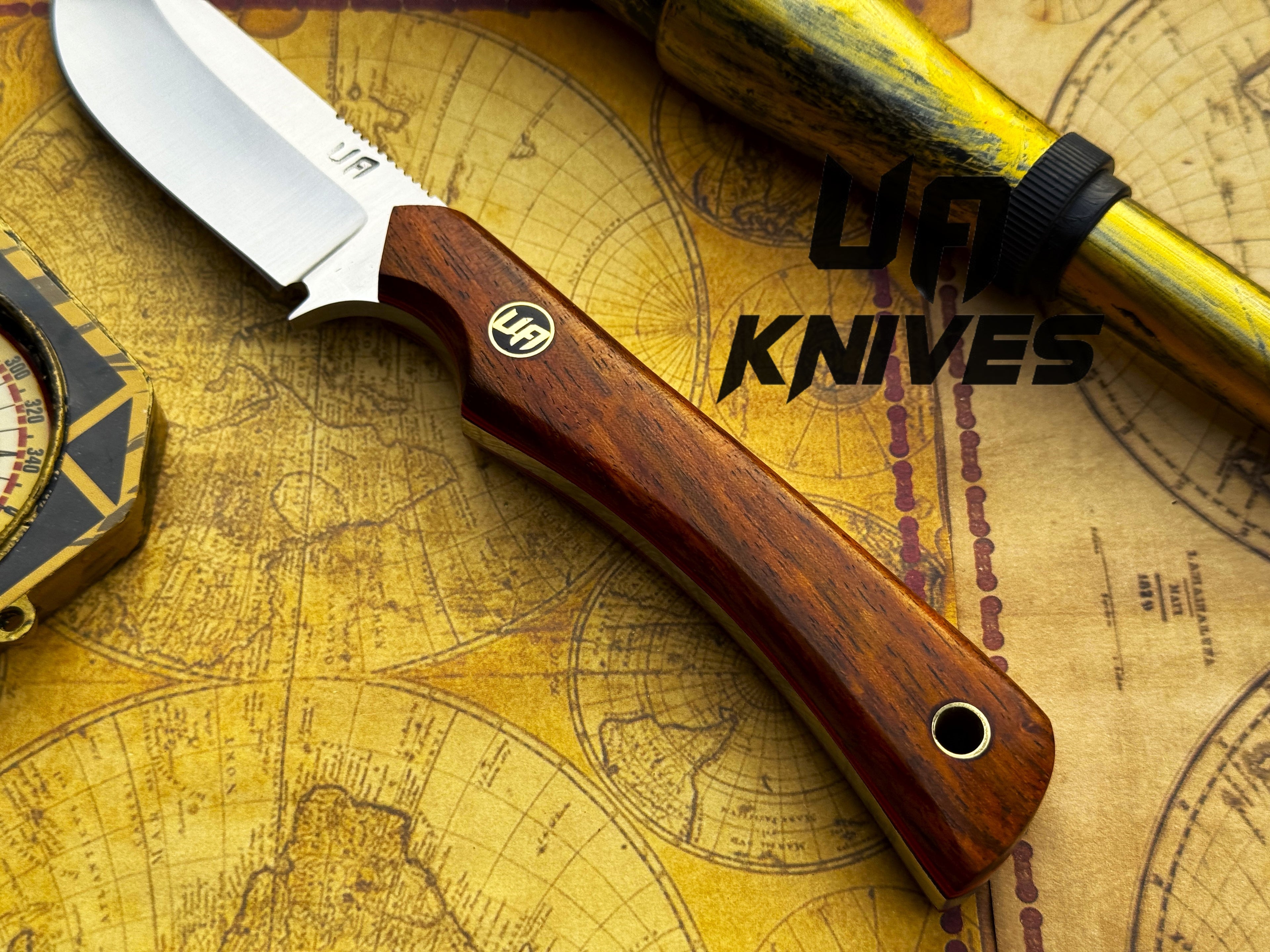 UA Cobra Strike handmade camping knife with sheath, lightweight outdoor knife designed for camping and survival tasks.