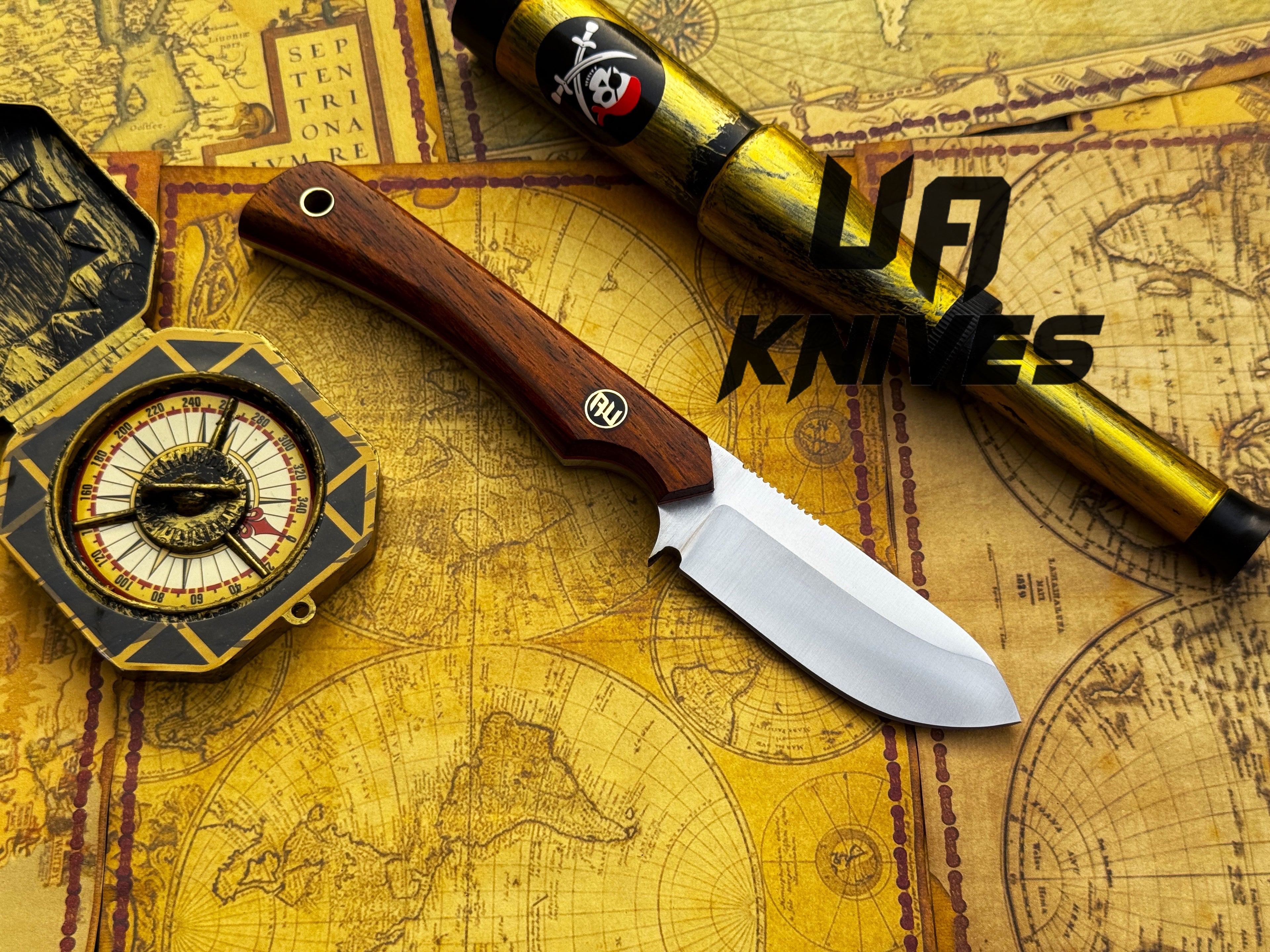 UA Knives Cobra Strike camping knife with handmade lightweight blade and sheath, featuring a textured handle and metal blade.