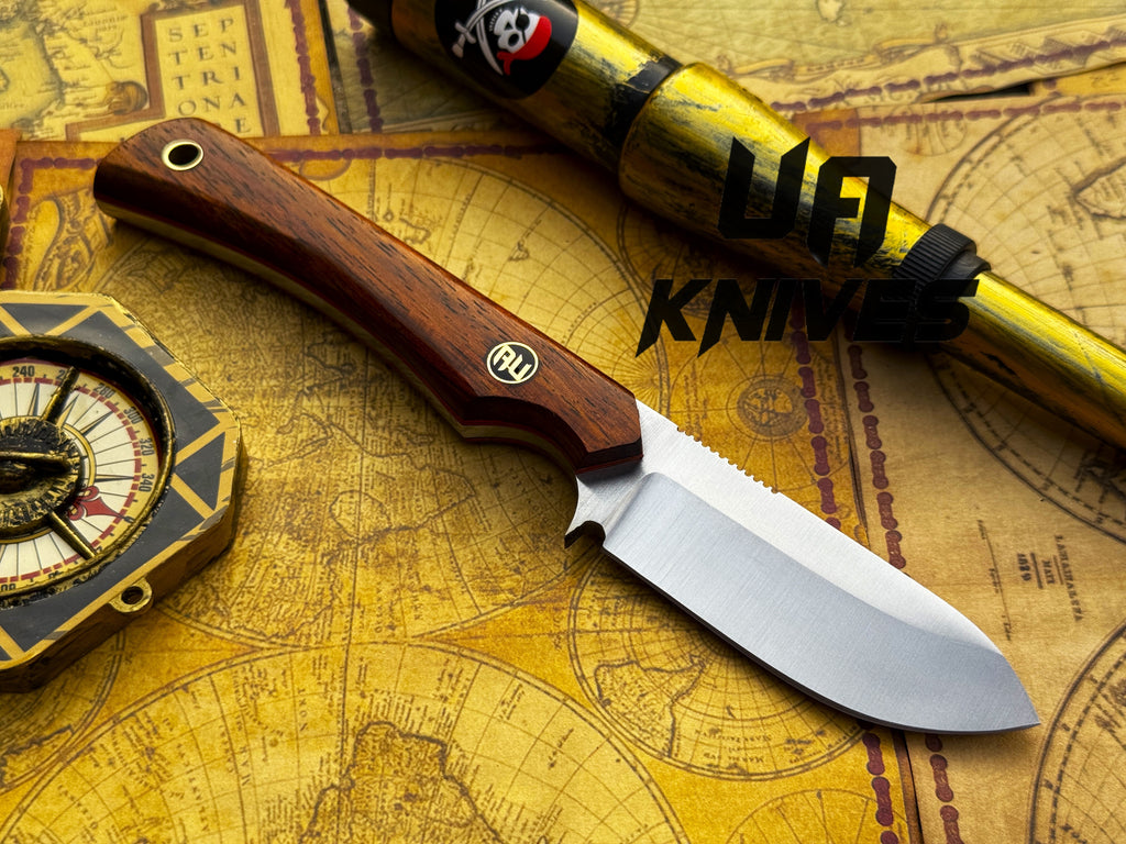 UA Knives Cobra Strike camping knife with handmade lightweight blade and sheath, suitable for outdoor camping and survival tasks.