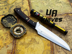 UA Knives Dragons Tooth handmade Bowie hunting knife with sheath, featuring a detailed blade and sturdy handle.