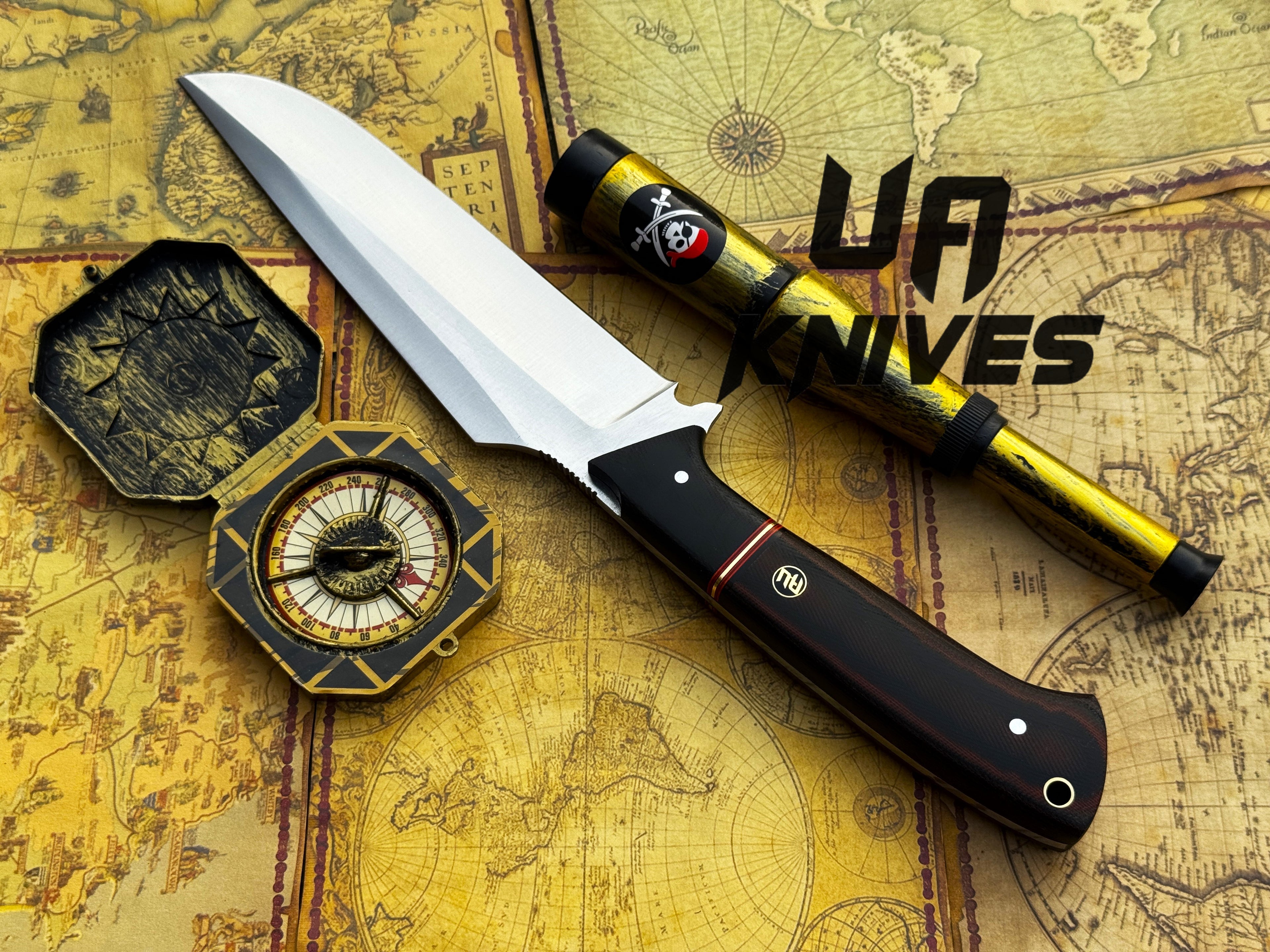 UA Knives Dragons Tooth handmade Bowie hunting knife with sheath, featuring a sharp blade and sturdy handle.