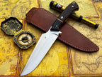 UA Knives Dragons Tooth handmade Bowie hunting knife with sheath, featuring a detailed blade and leather handle.