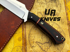 UA Dragons Tooth handmade Bowie hunting knife with leather sheath, featuring a detailed dragon tooth design and sturdy handle.