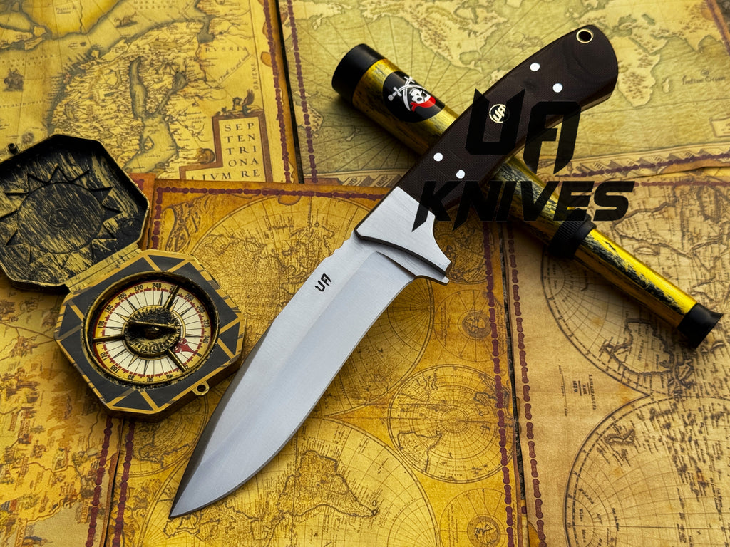 UA Bear Claw hunting knife with hand-forged blade and G10 Micarta handle, shown with a close-up of the blade and handle details.