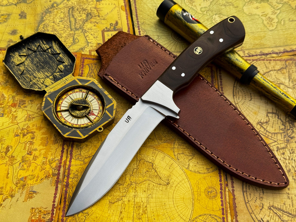 UA Knives Bear Claw hunting knife with hand-forged blade and G10 Micarta handle, shown with detailed close-up of the knife's blade and handle.