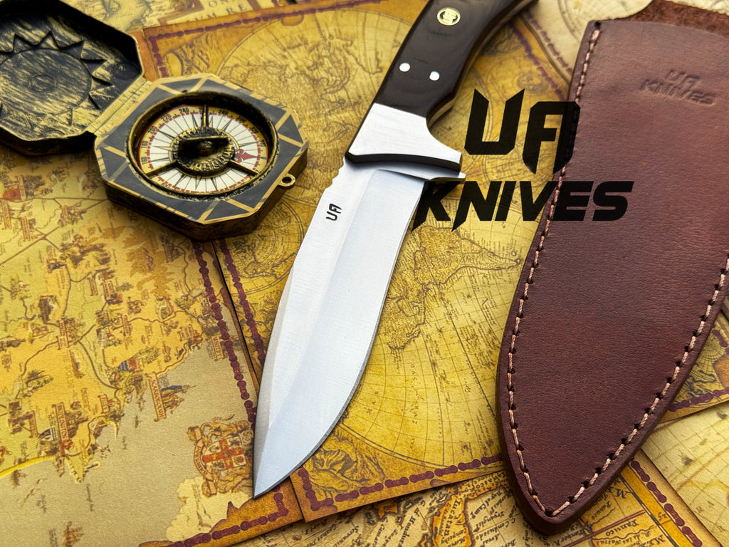 UA Knives Bear Claw hunting knife with hand-forged blade and G10 Micarta handle, shown with detailed close-up of blade and handle.