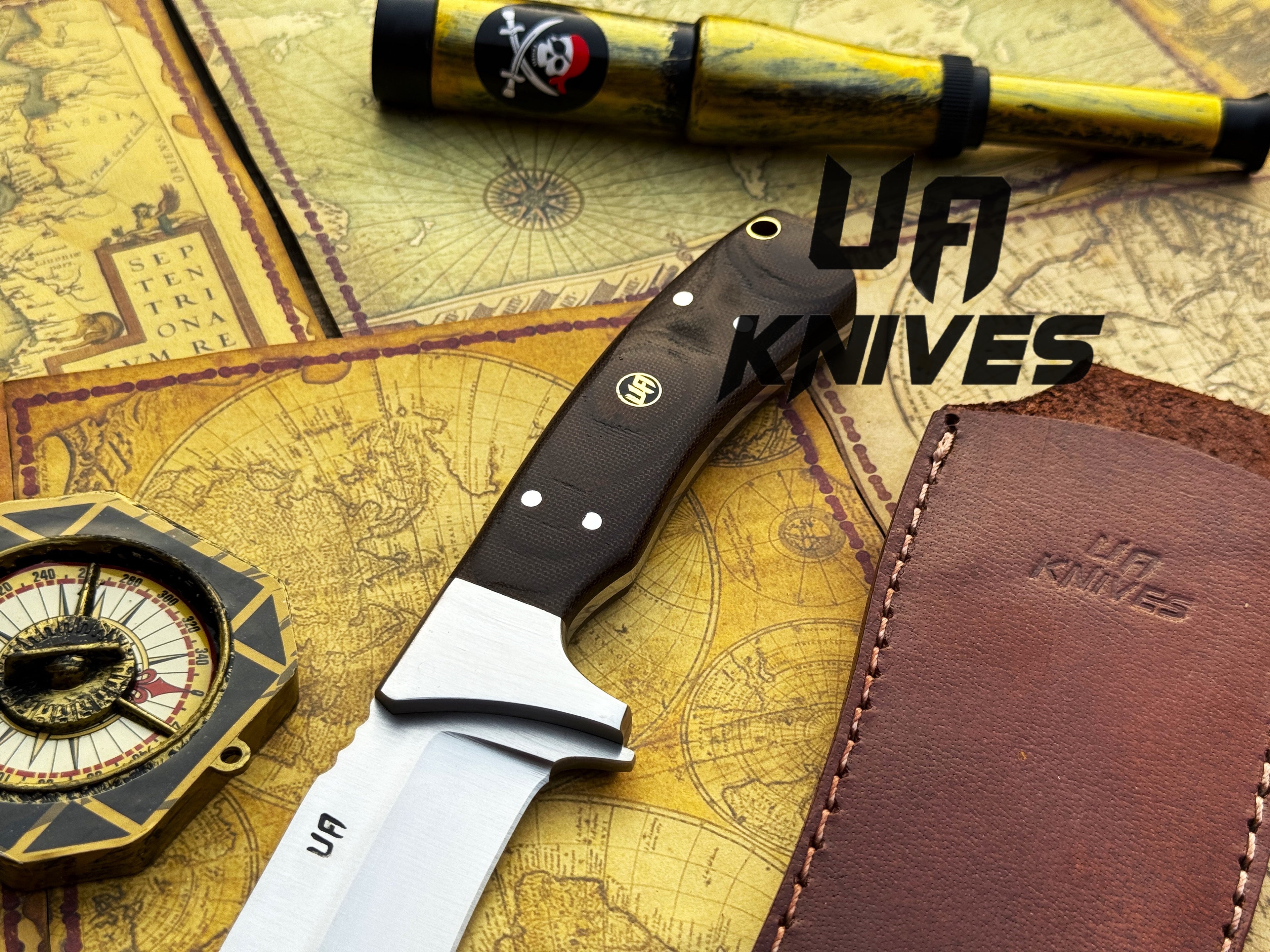 UA Knives Bear Claw hunting knife with hand-forged blade and G10 Micarta handle, shown in close-up detail.