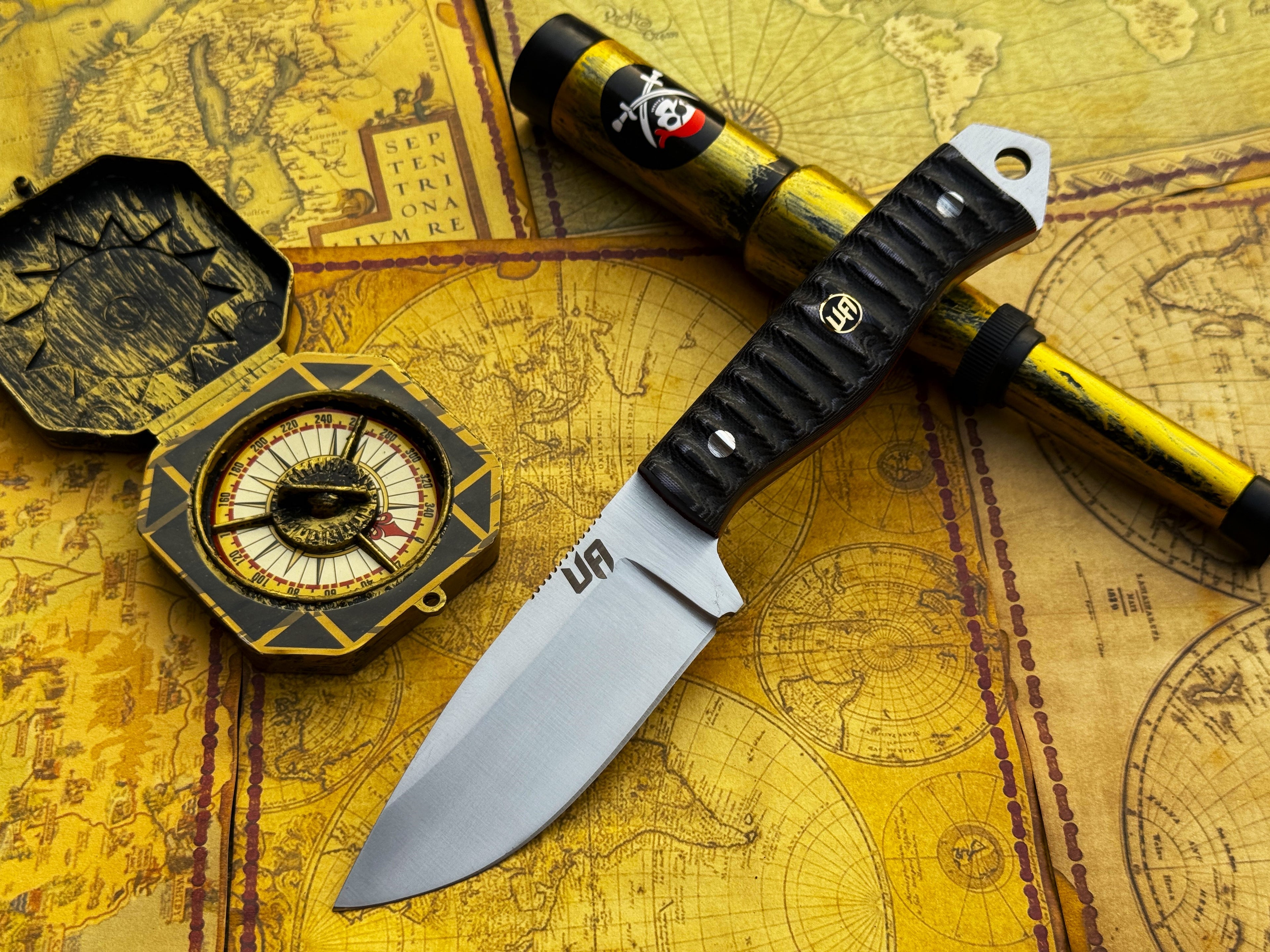 UA Knives Silver Myst camping hunting knife with hand-forged 12C27 steel and sheath, featuring a sharp blade and durable handle.