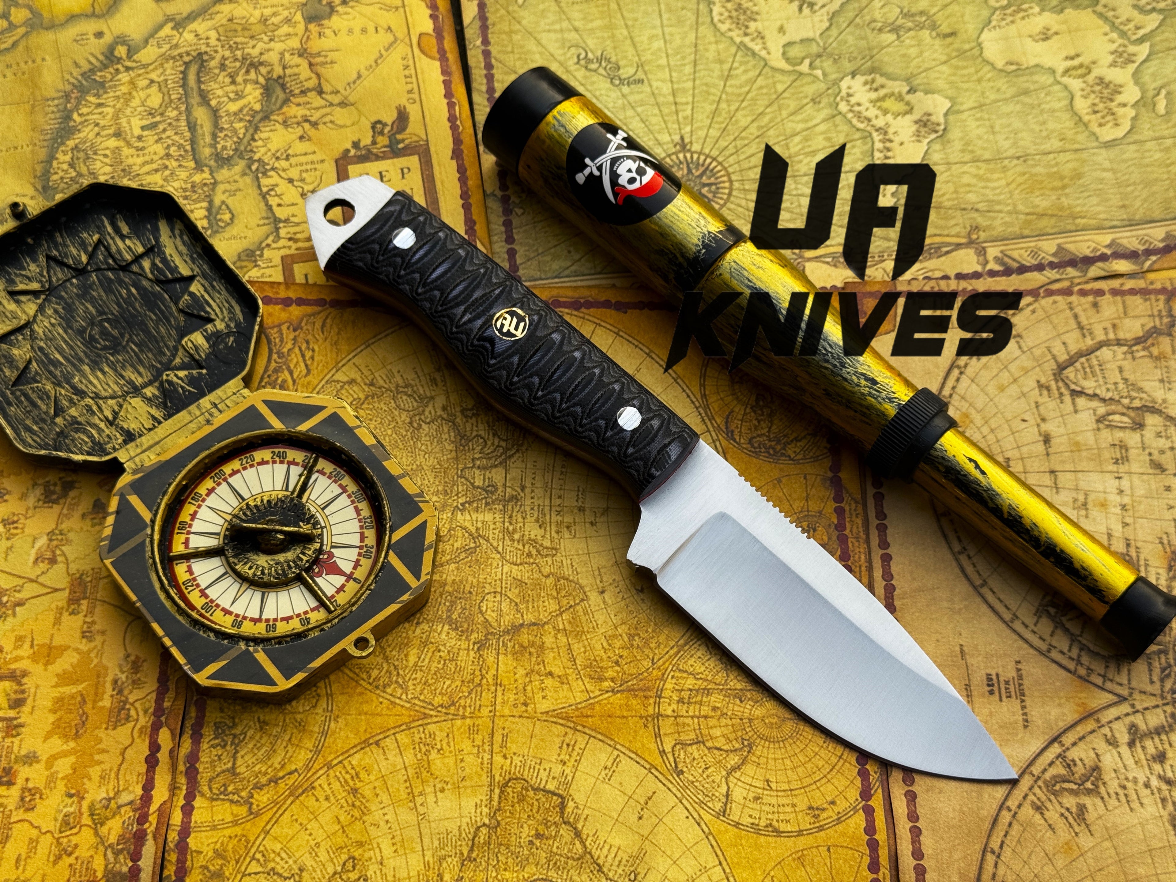 UA Knives Silver Myst camping and hunting knife with hand-forged 12C27 steel blade and leather sheath.