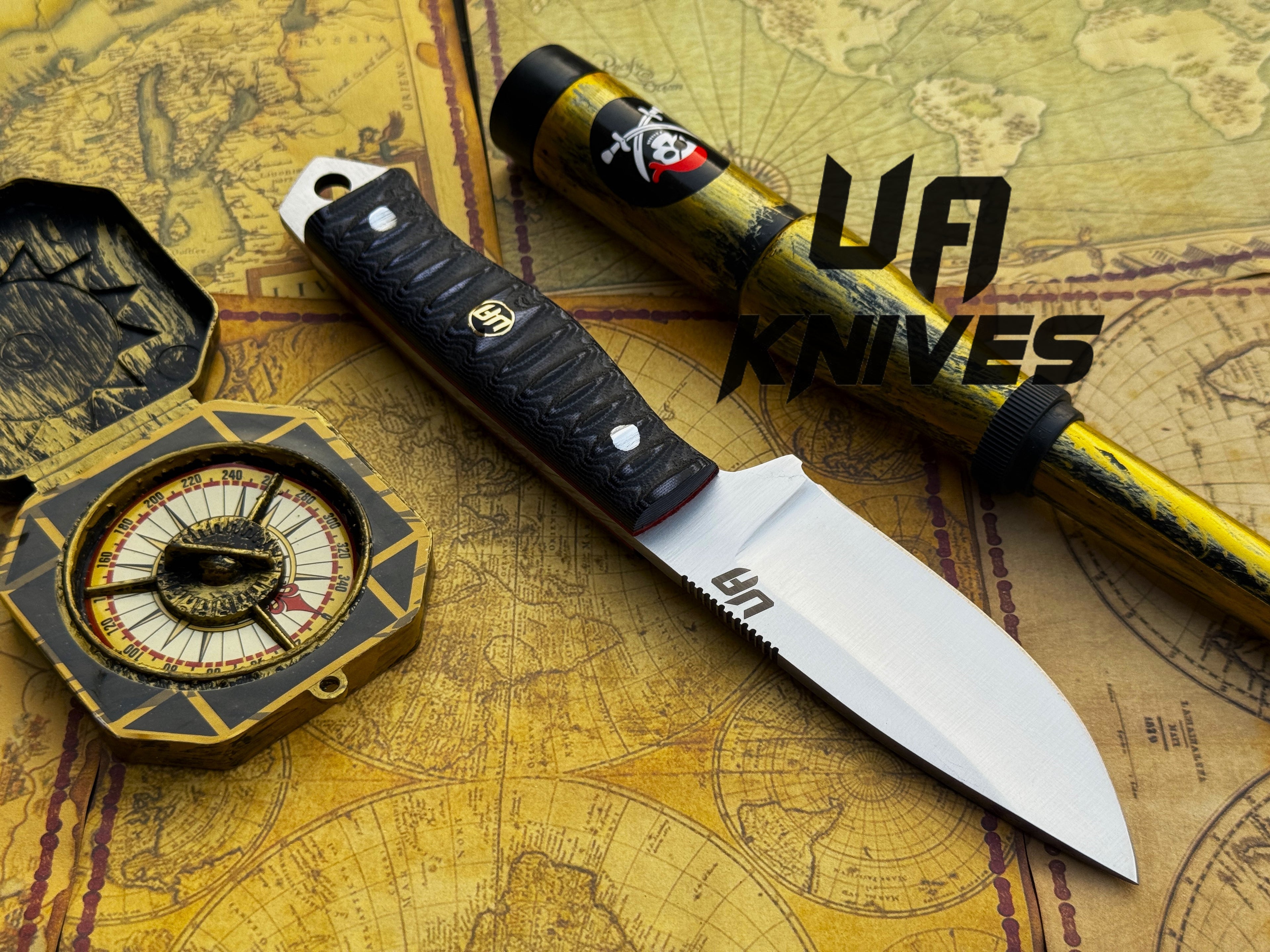 UA Silver Myst hand-forged 12C27 camping and hunting knife with sheath, featuring a sleek blade and sturdy handle.