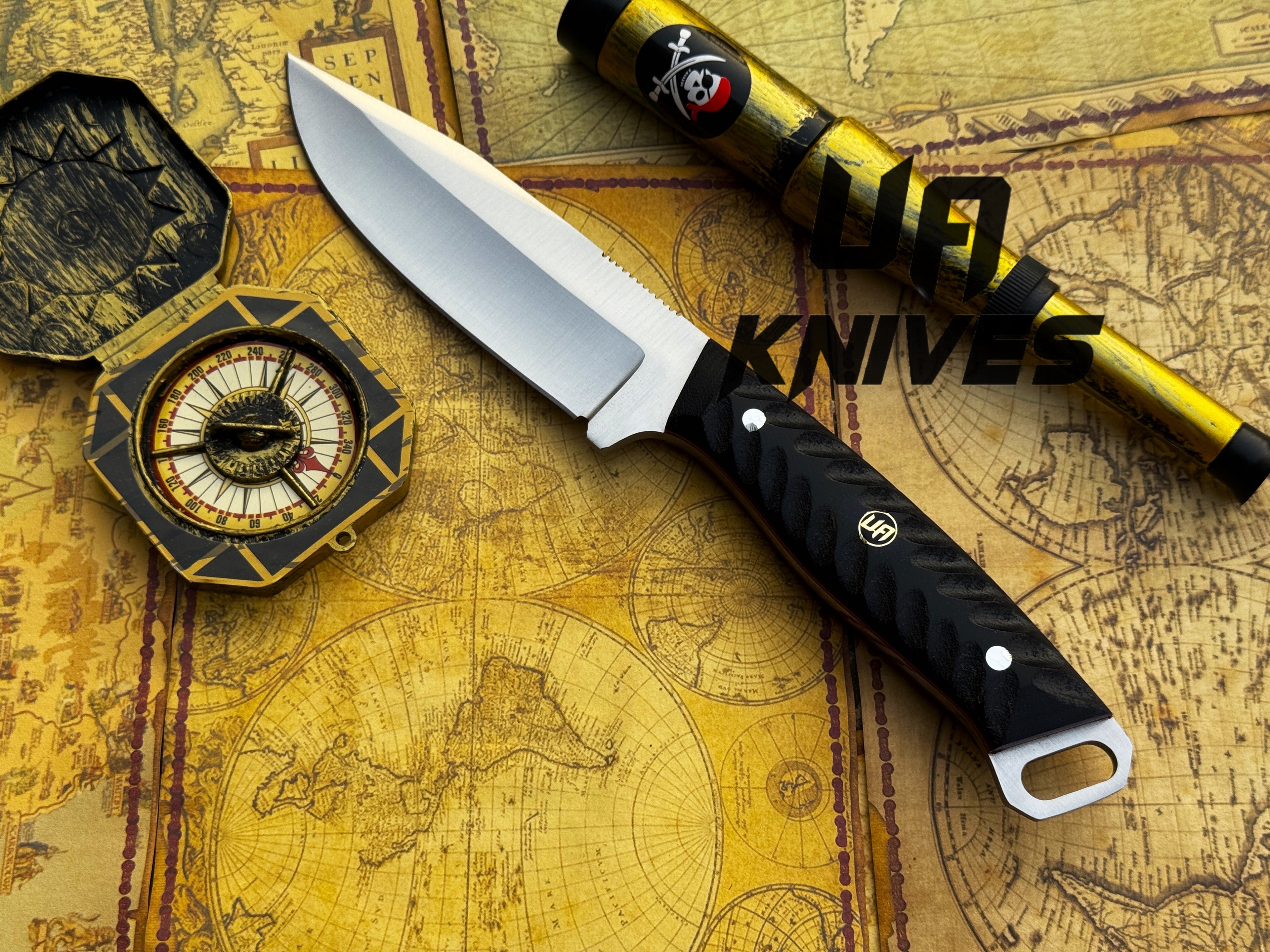 UA Knives Night Stalker hunting knife with 12C27 stainless steel blade and black handle, designed for outdoor and hunting use.